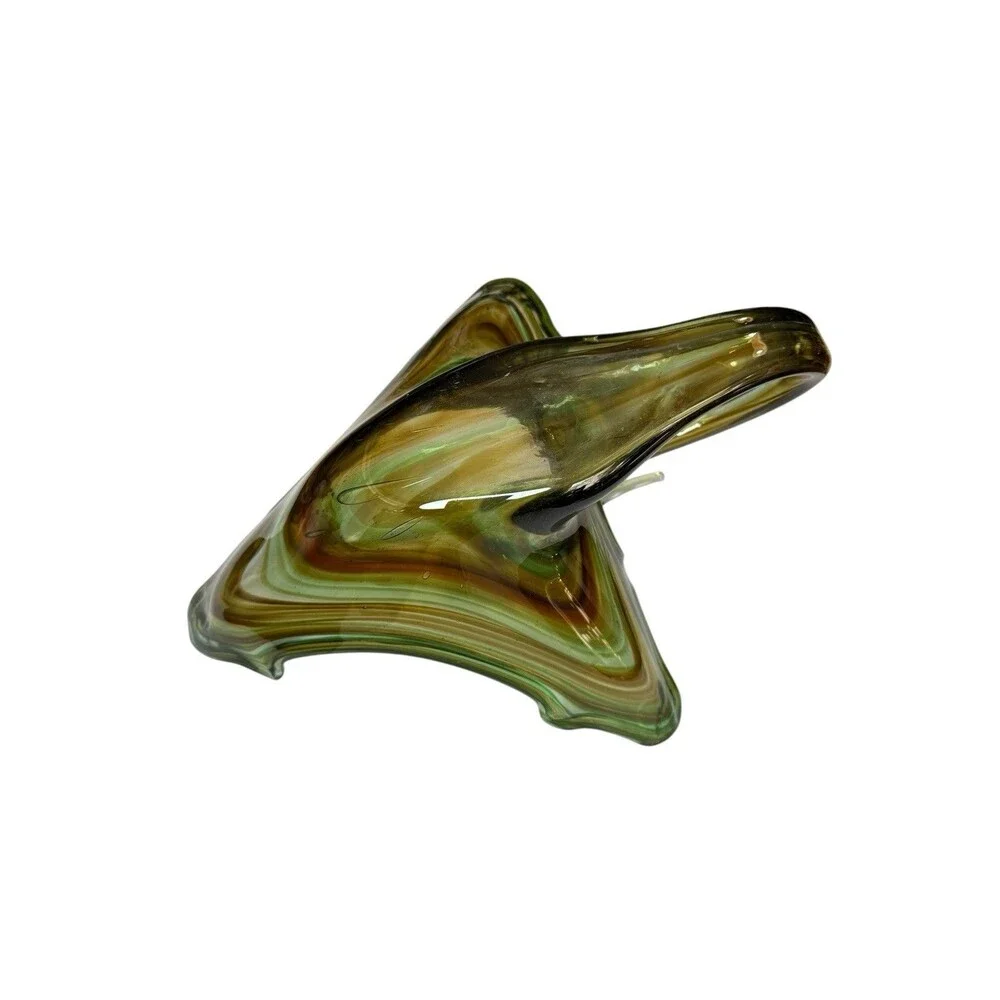 Vintage MCM Hand Blown Sooner Glass Swan Centerpiece Brown Green Swirl